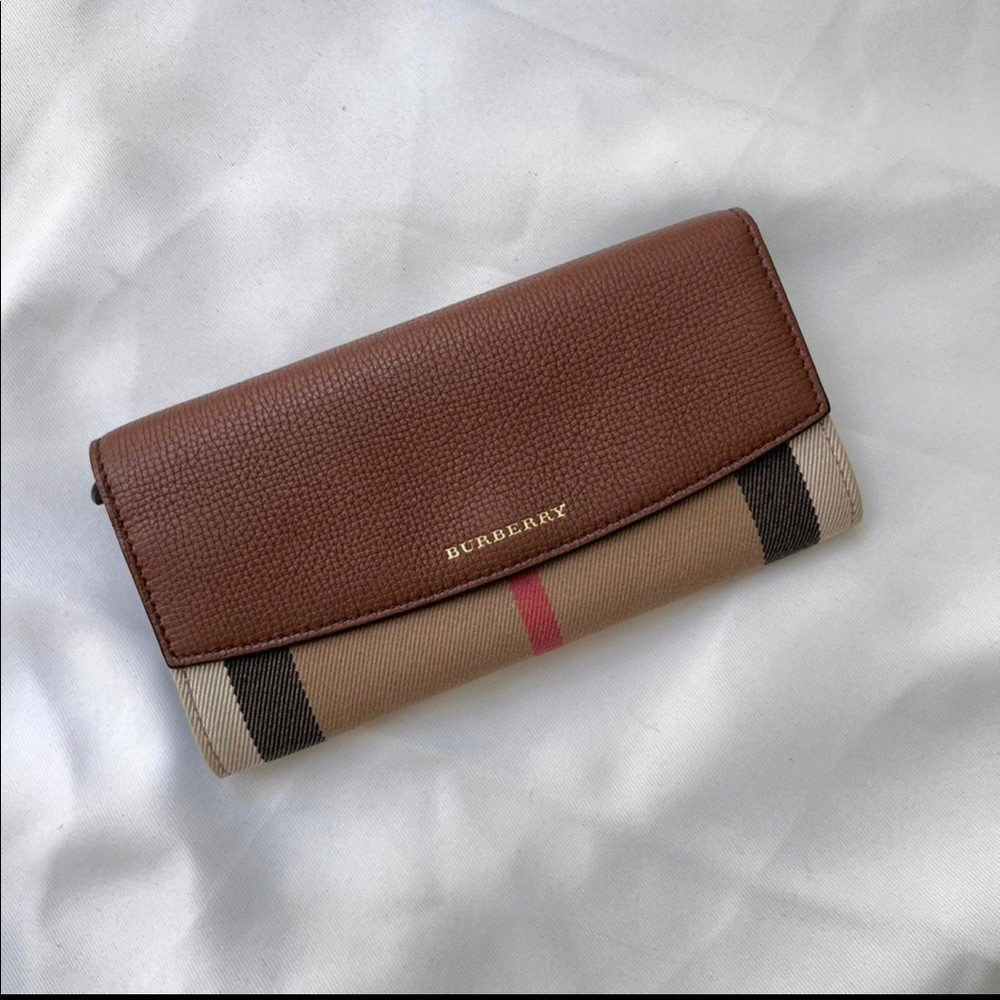 BURBERRY Brown Ochre Leather and House Check Canvas Porter Continental Wallet